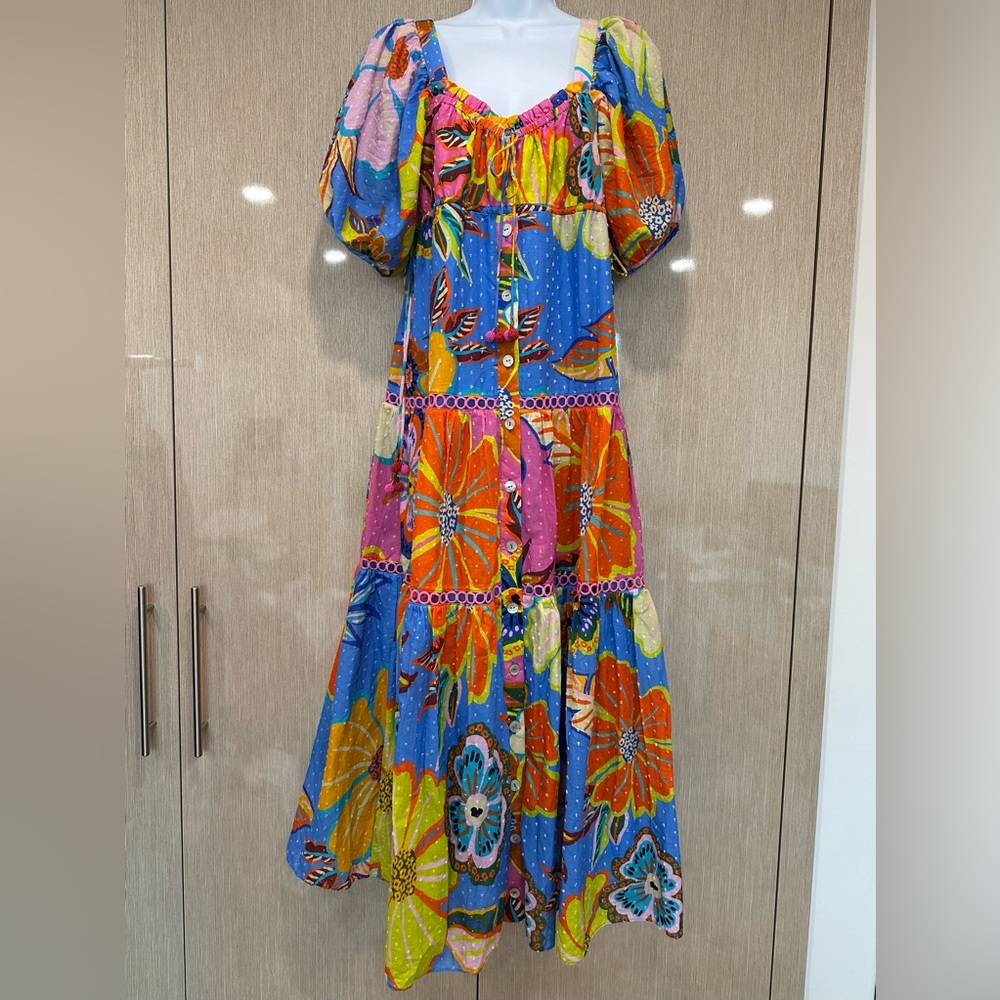 NWT FARM RIO Mixed Full Garden Midi Dress Multi Beaded Bow Accents